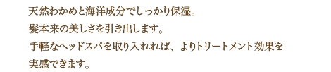 天然わかめと海洋成分でしっかり保湿。髪本来の美しさを引き出します。手軽なヘッドスパを取り入れれば、よりトリートメント効果を実感できます。