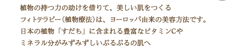 植物の持つ力の助けを借りて、美しい肌をつくるフィトテラピー（植物療法）は、ヨーロッパ由来の美容方法です。日本の植物「すだち」に含まれる豊富なビタミンCやミネラル分がみずみずしいぷるぷるの肌へ